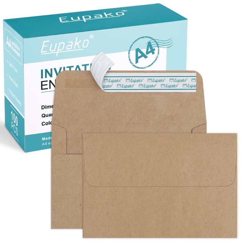 Eupako مغلفات صور بنية من Eupako مقاس A4 مقاس 4 × 6، 100 حزمة مغلفات ذاتية الغلق لبطاقات 4 × 6، ودعوات صور ودعوات لحفلات الزفاف والتخرج وحفلات استقبال المولود الجديد، مقاس 4.25 × 6.25 بوصة - Image 1